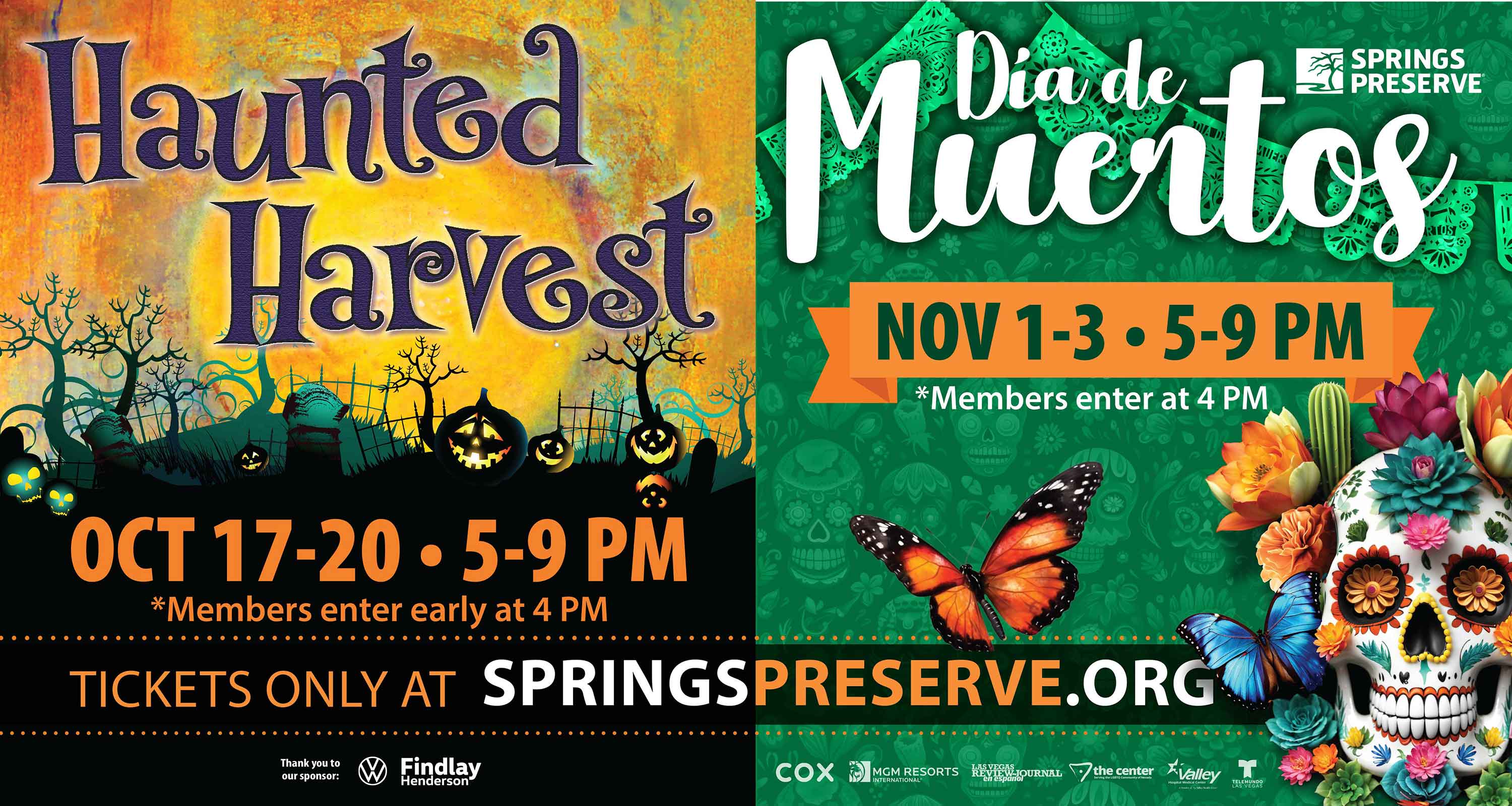 Graphic featuring festive artwork promoting fall seasonal events at the Springs Preserve. Haunted Harvest, Oct. 17-20, and Dia de Muertos, Nov. 1-3.