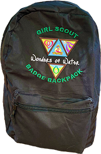 Isolated image of a black backpack with the words 'Girl Scout Wonders Of Water Badge Backpack' embroidered in green and white lettering alongside four colorful triangular flair patches